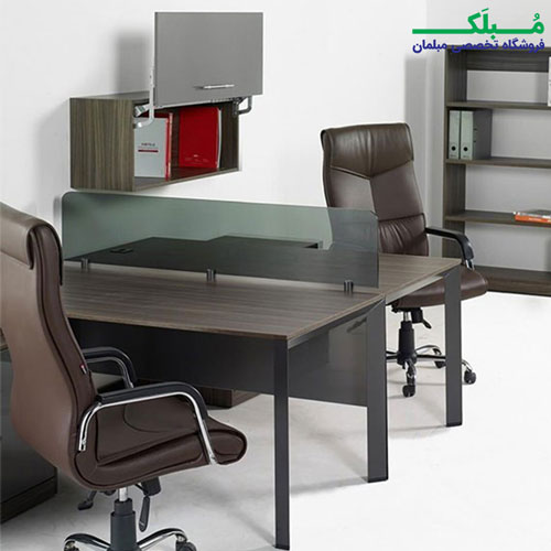 میز کار دو نفره IWS100 با رنگ بلوطی و پایه های مشکی در یک فضای اداری